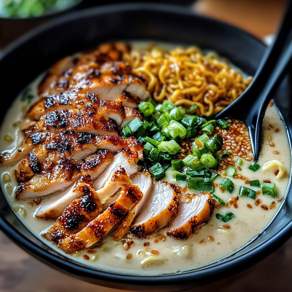 A steaming bowl of fiery chicken ramen topped with creamy garlic sauce, sliced green onions, and a soft-boiled egg, served in a rustic ceramic bowl.​
