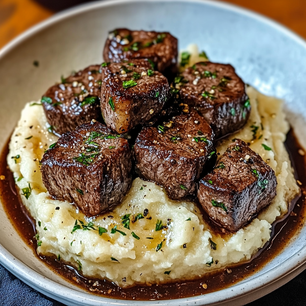 A plate of garlic butter steak bites served over creamy mashed potatoes, garnished with fresh herbs.​