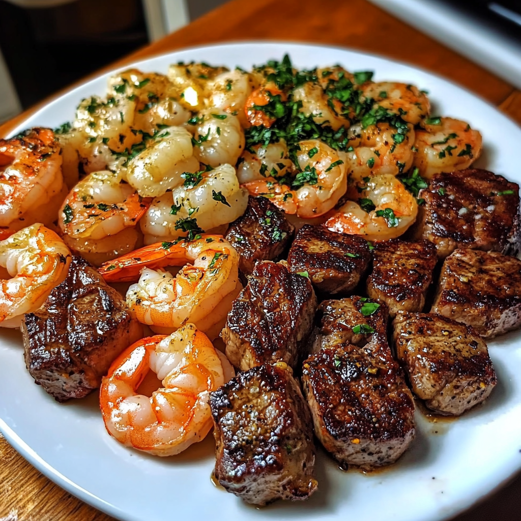 A plate of garlic butter steak bites and shrimp garnished with fresh herbs, served with lemon wedges.