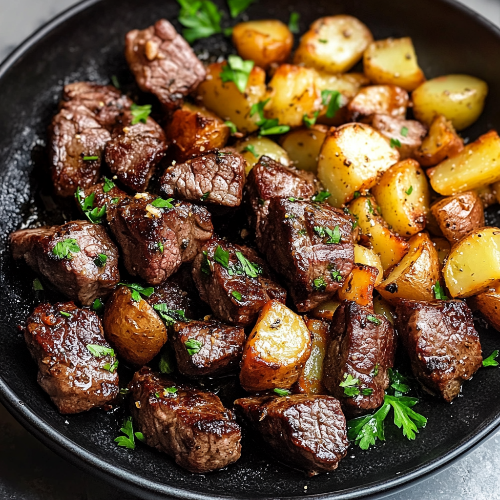 Pan-seared garlic butter steak bites with roasted potatoes