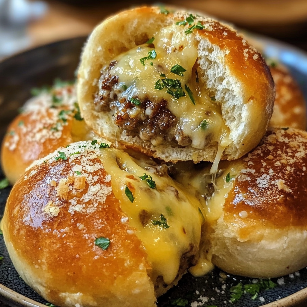 Golden-brown garlic parmesan cheeseburger bombs served on a platter, garnished with fresh parsley.​
