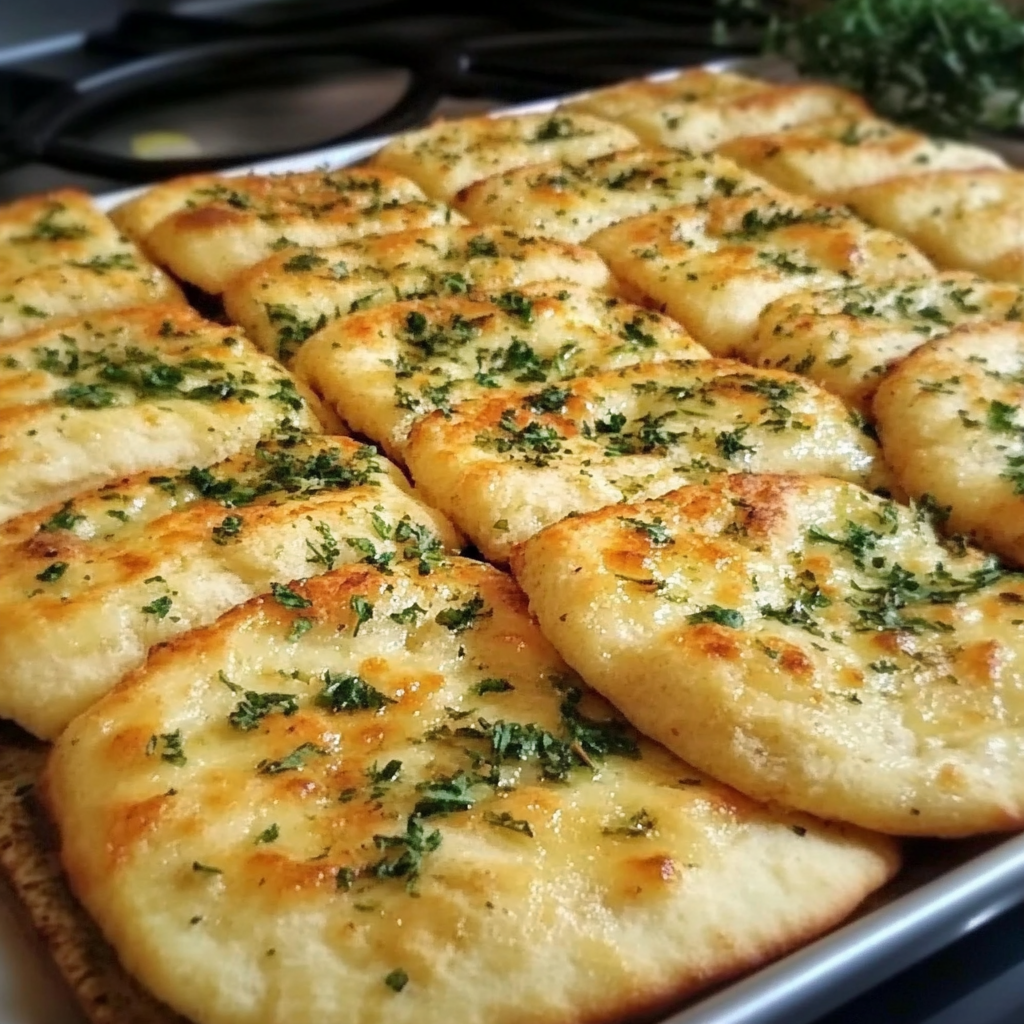 A stack of golden, flaky garlic and butter flatbreads garnished with fresh parsley on a rustic wooden board.