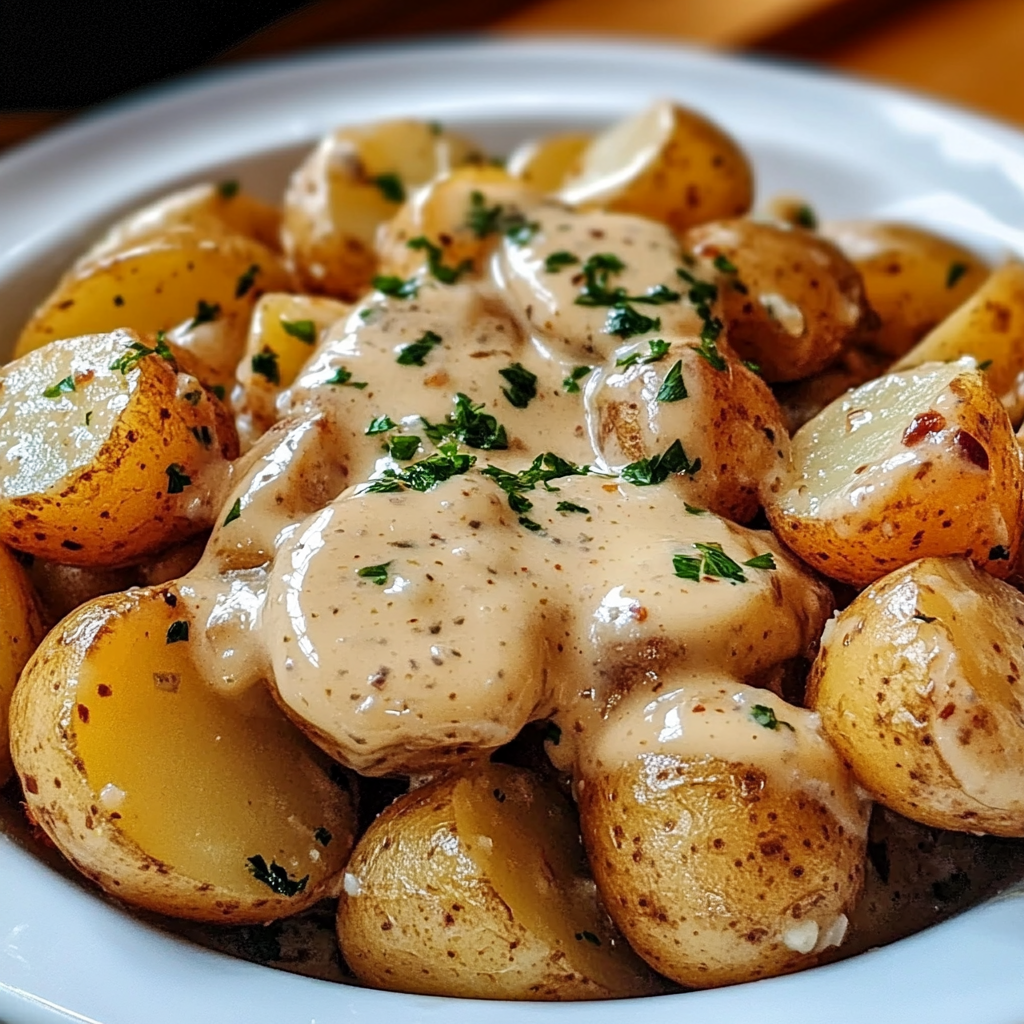 Bowl of garlic sauce baby potatoes garnished with fresh parsley, showcasing creamy sauce coating golden baby potatoes.