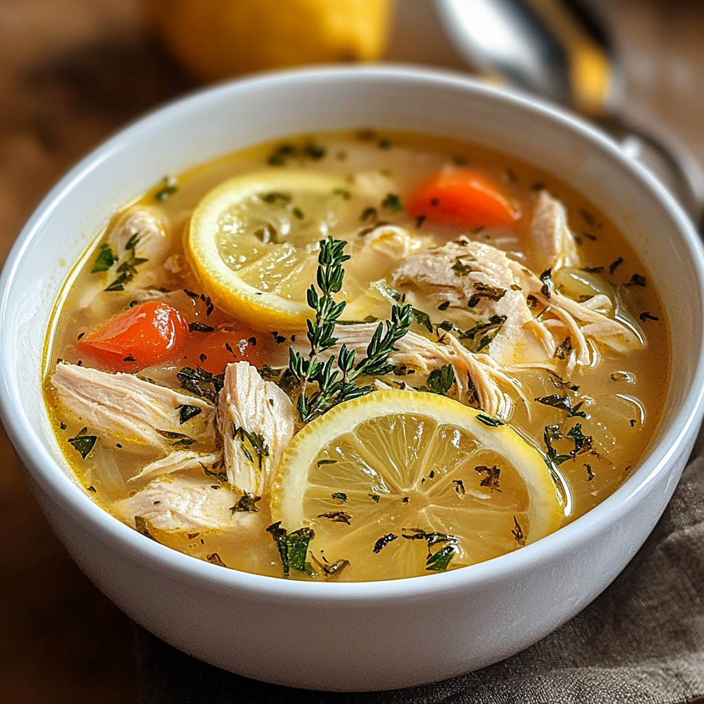 Bowl of Greek lemon chicken soup with chicken, lemon slices, and herbs