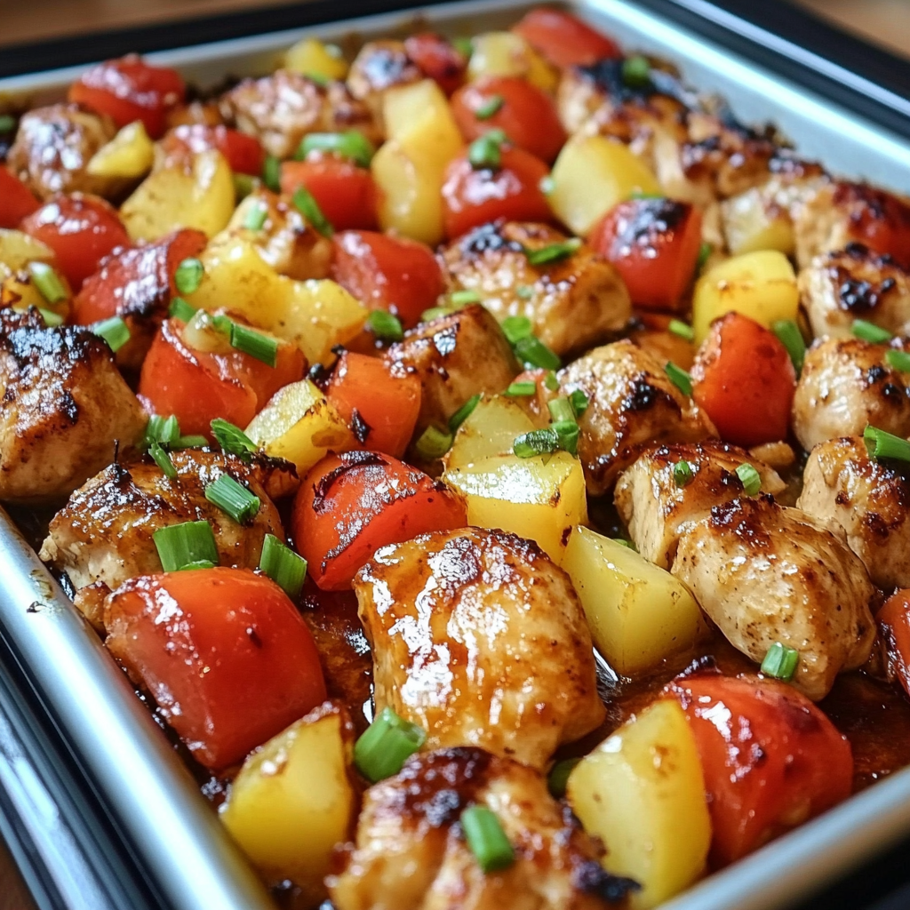 Sheet pan with roasted Hawaiian chicken, pineapple chunks, and colorful bell peppers garnished with fresh herbs.