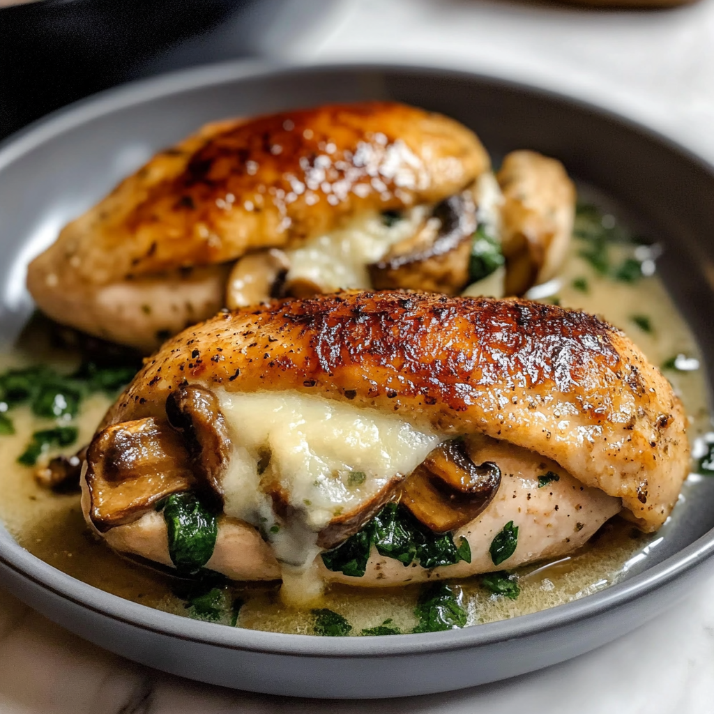 Sliced mushroom stuffed chicken breast served on a white plate, garnished with fresh herbs and accompanied by steamed vegetables.