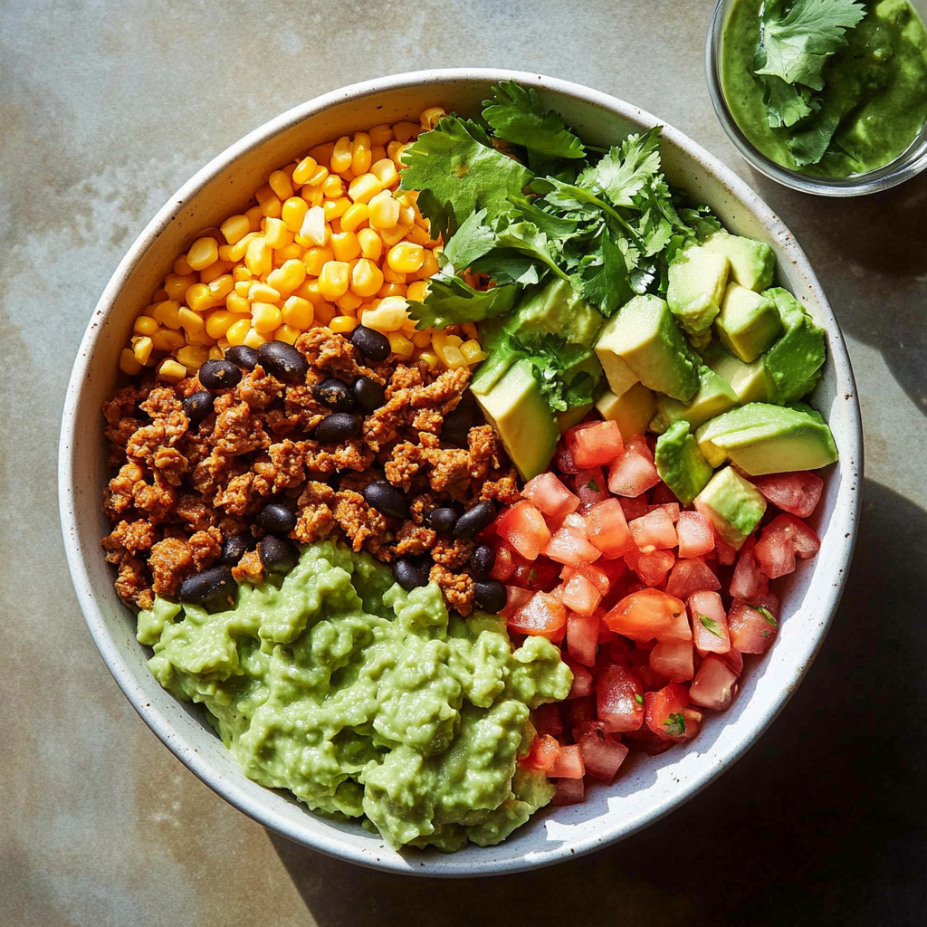 A vibrant bowl filled with seasoned ground turkey, black beans, corn, diced tomatoes, avocado slices, and cilantro over a bed of cauliflower rice. healthy turkey taco bowl​
