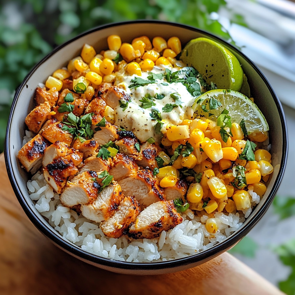 A vibrant bowl filled with grilled chicken, charred corn, cotija cheese, and fresh cilantro over a bed of cilantro-lime rice​