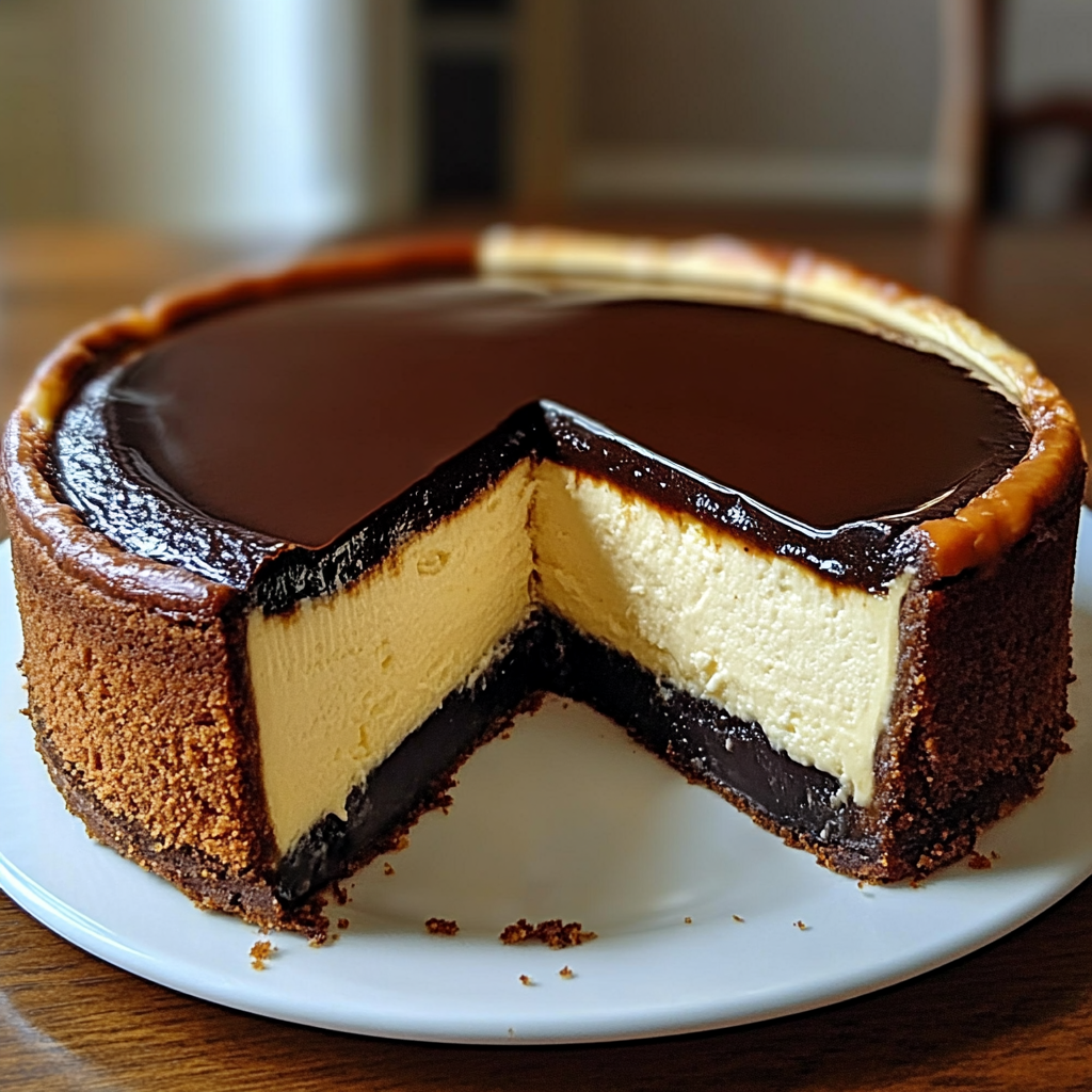 Slice of Heavenly Boston Cream Pie Cheesecake Cake showcasing layers of vanilla cake, creamy cheesecake filling, pastry cream, and topped with glossy chocolate ganache.
