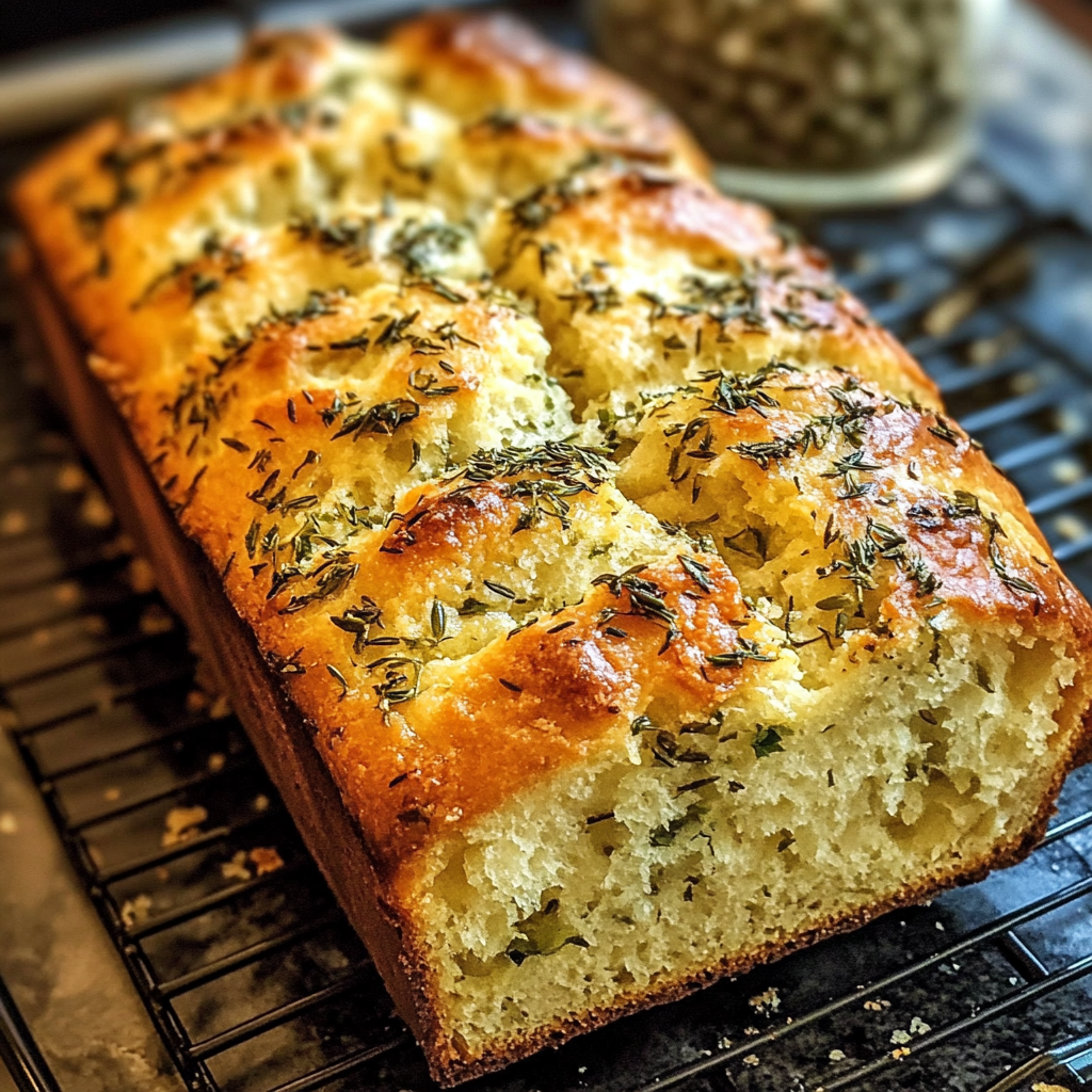 Sliced herb and cheese quick bread on a wooden board, showing golden crust and melted cheese pockets.​