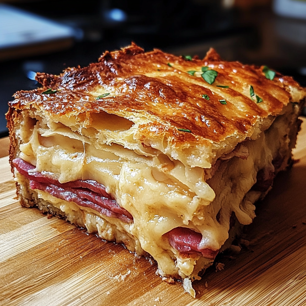 A slice of Homemade Reuben Bake showing layers of rye bread, corned beef, sauerkraut, and melted Swiss cheese