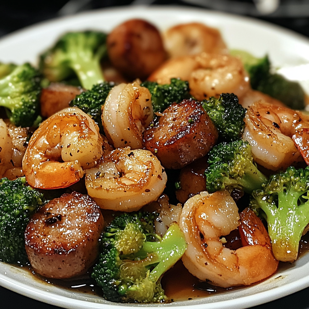 A skillet filled with honey garlic shrimp, sliced sausage, and broccoli florets coated in a glossy sauce, garnished with sesame seeds and green onions.
