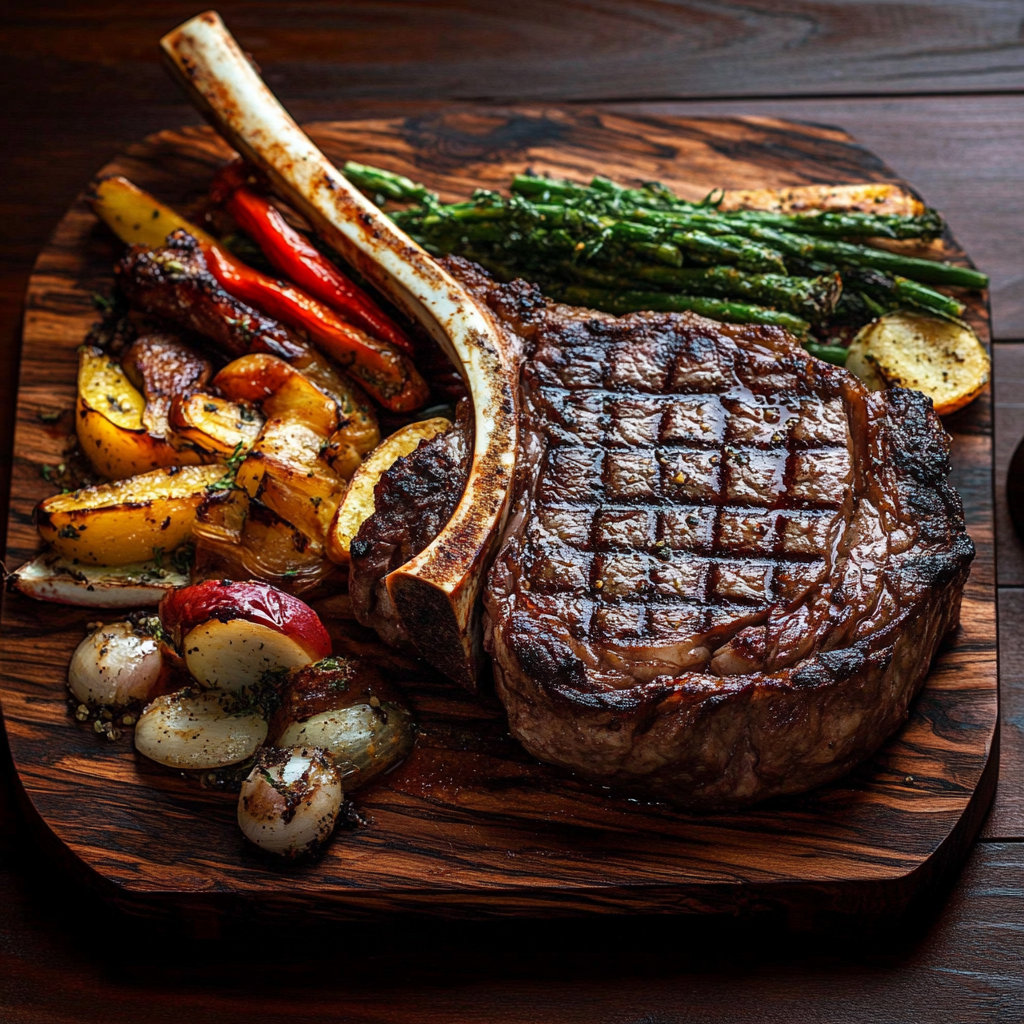 A beautifully arranged tomahawk steak board featuring sliced steak, compound butter, roasted vegetables, and fresh herbs on a wooden platter.