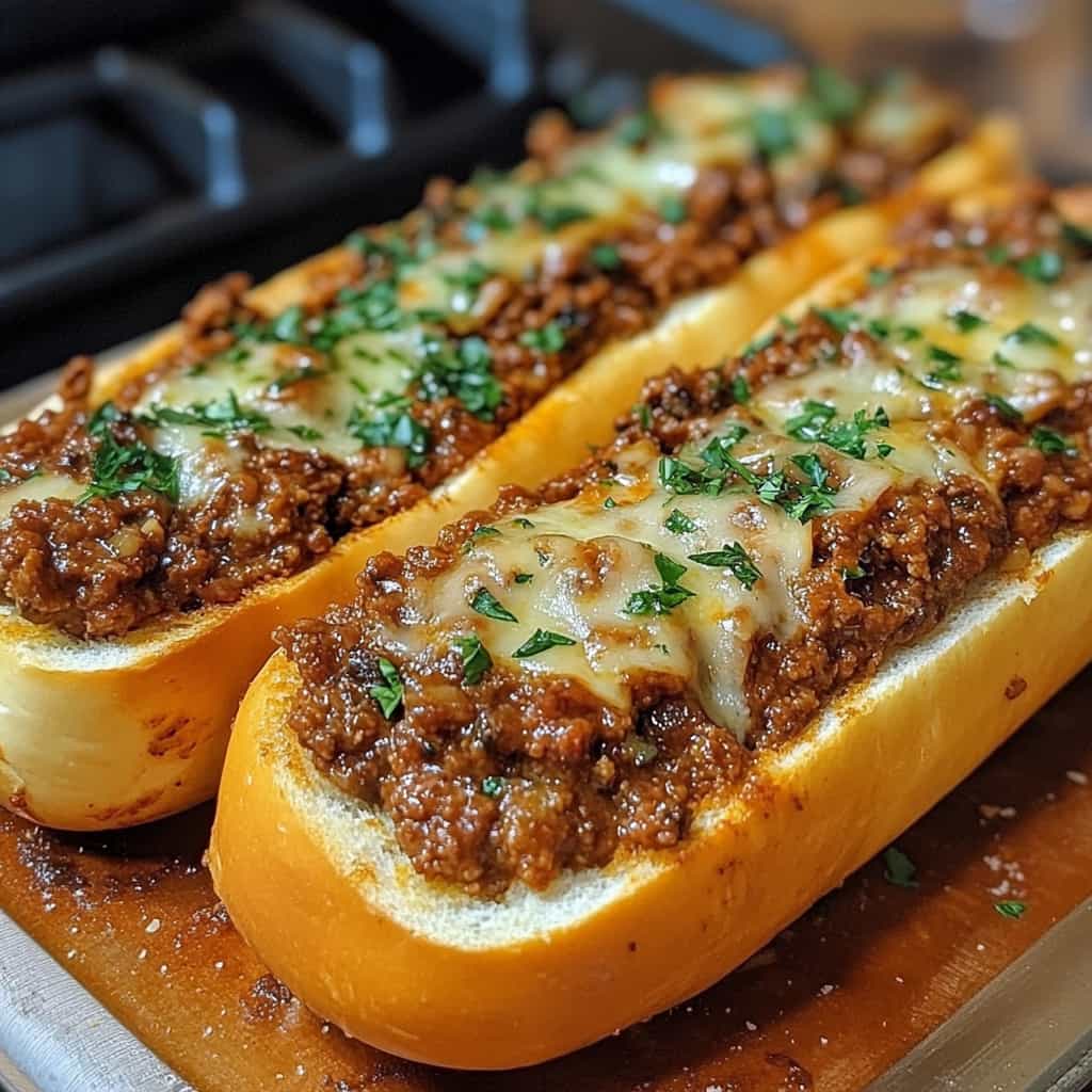 Open-faced Italian garlic bread sloppy joes topped with savory ground beef mixture and melted mozzarella cheese, garnished with fresh parsley