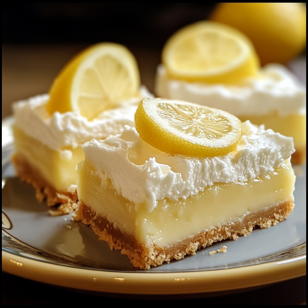 Slices of lemon cream pie bars with a golden graham cracker crust, topped with whipped cream and lemon zest.​