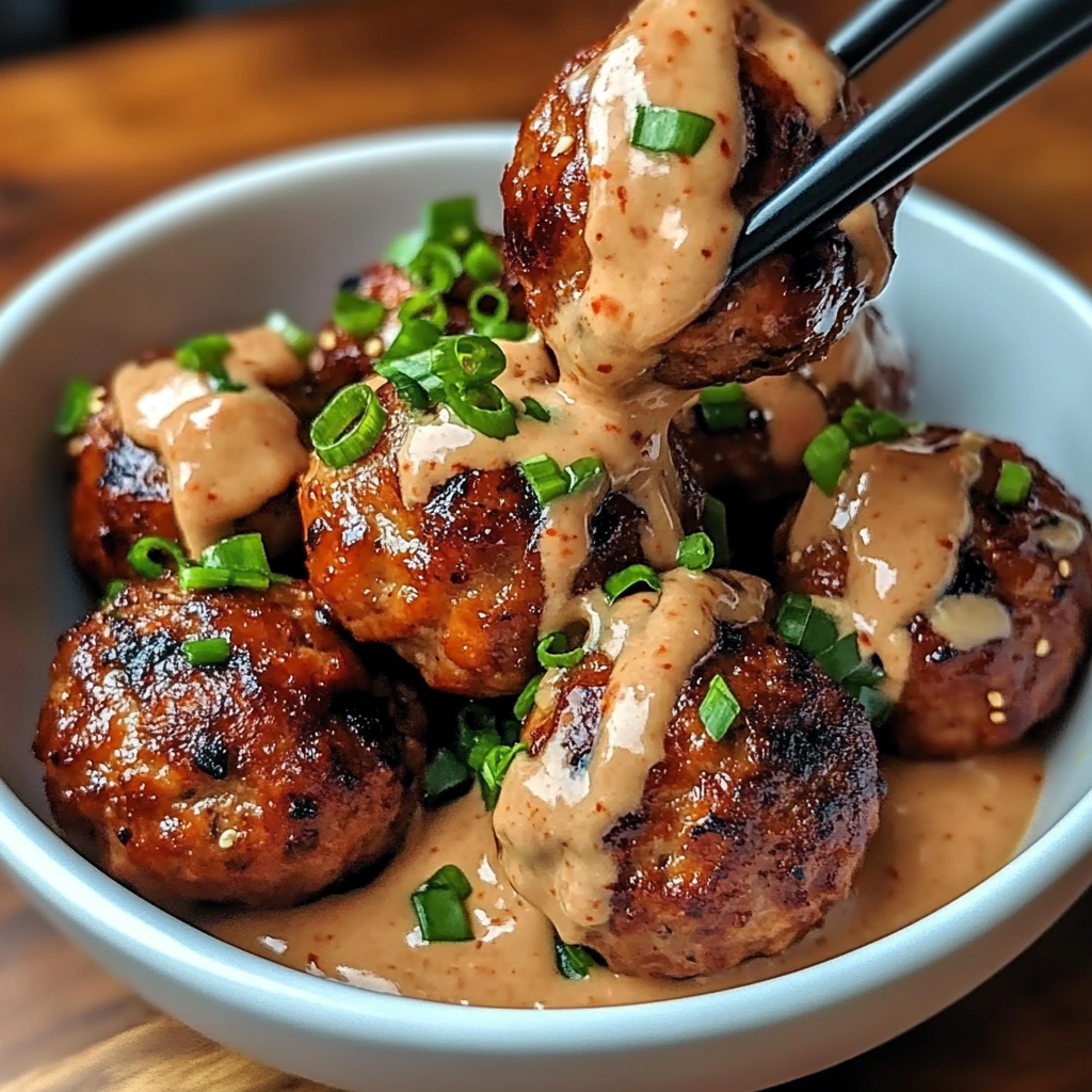 Plate of Korean BBQ meatballs glazed with sauce, garnished with sesame seeds and green onions, served with a side of spicy mayo dip.