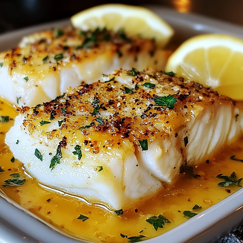 Baked cod fillets drizzled with lemon butter sauce, garnished with fresh parsley and lemon slices on a white plate.​