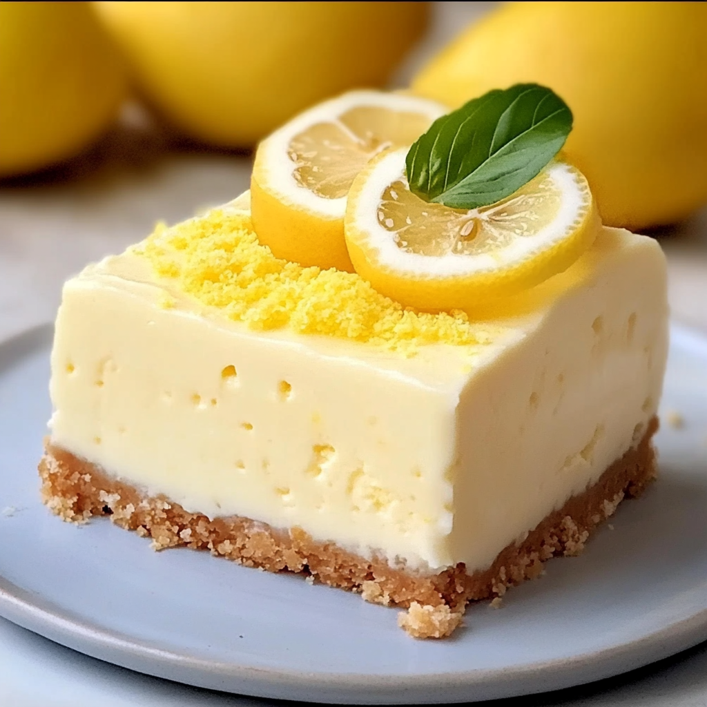 “Slice of creamy lemon cheesecake with a graham cracker crust, topped with lemon curd and a dollop of whipped cream.”