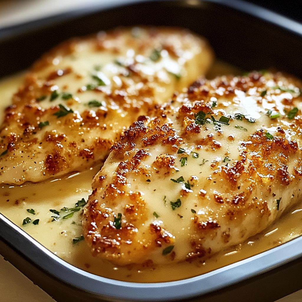 Slices of Longhorn-style Parmesan Crusted Chicken with a golden breadcrumb topping, served with steamed broccoli and mashed potatoes in a meal prep container.​