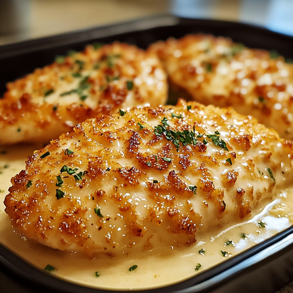Sliced parmesan crusted chicken breast with melted cheese and crispy breadcrumbs, served with steamed vegetables in a meal prep container.