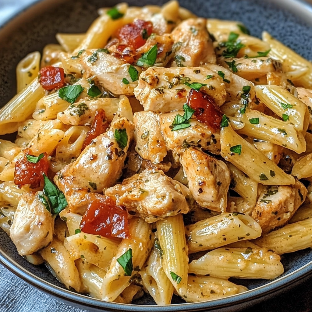 Bowl of Marry Me Chicken Pasta with creamy sun-dried tomato sauce, garnished with fresh basil and grated parmesan.