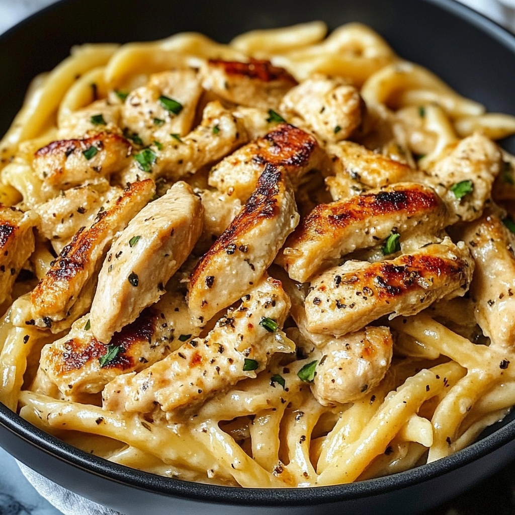 A bowl of Marry Me Chicken Pasta featuring creamy sun-dried tomato sauce, tender chicken pieces, and garnished with fresh basil.