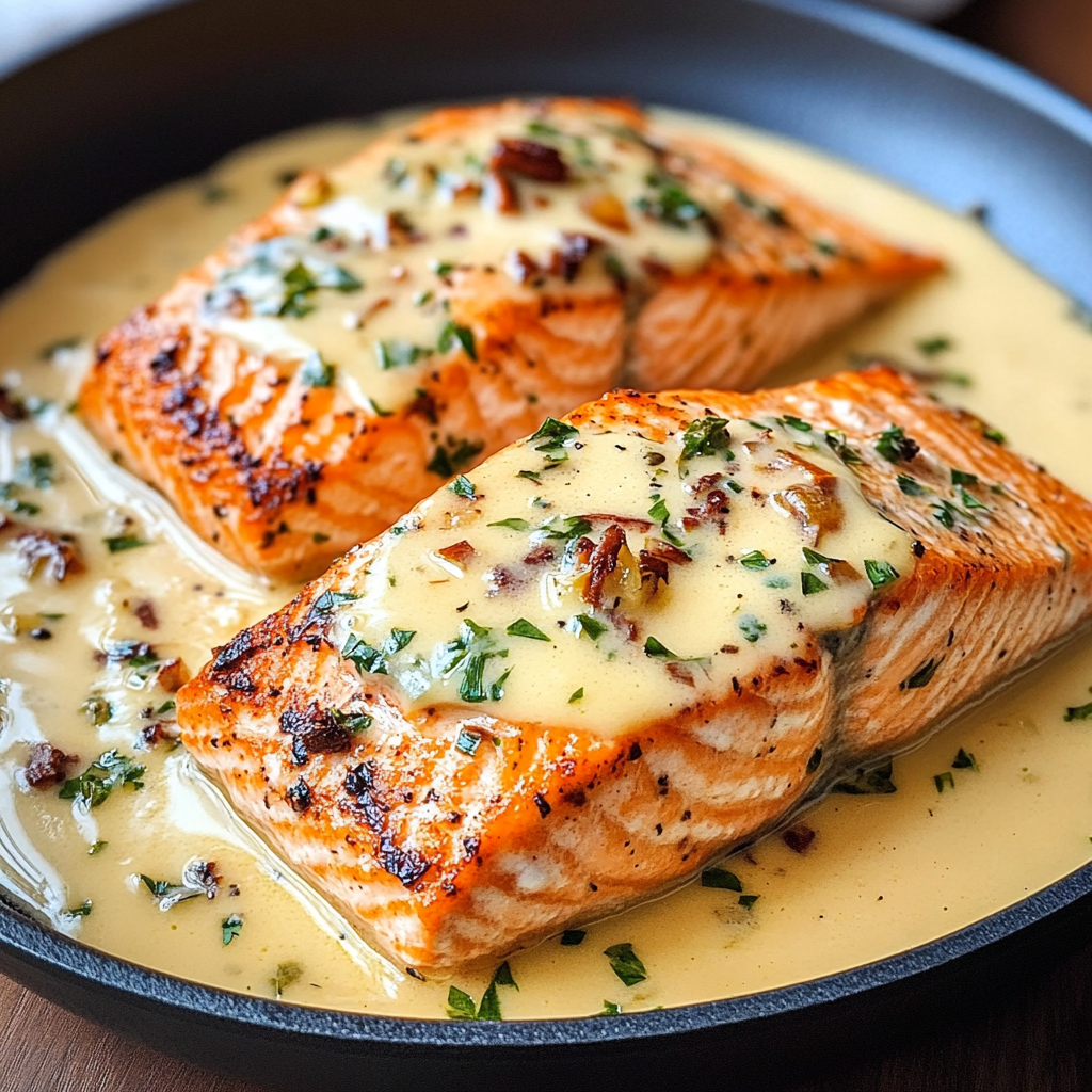 Pan-seared salmon fillets topped with creamy garlic butter sauce, garnished with fresh herbs and lemon slices on a white plate.​