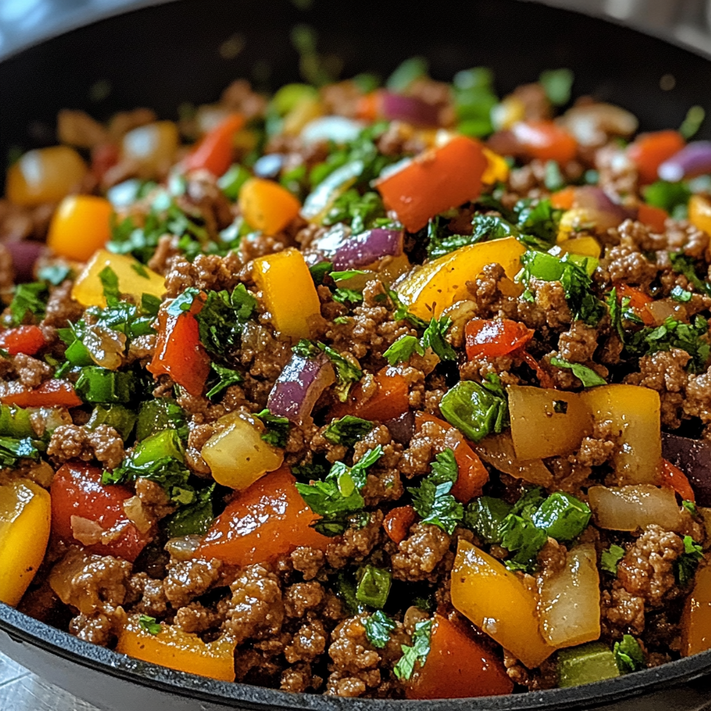 A skillet filled with Mediterranean ground beef stir fry, showcasing vibrant vegetables and crumbled feta cheese​