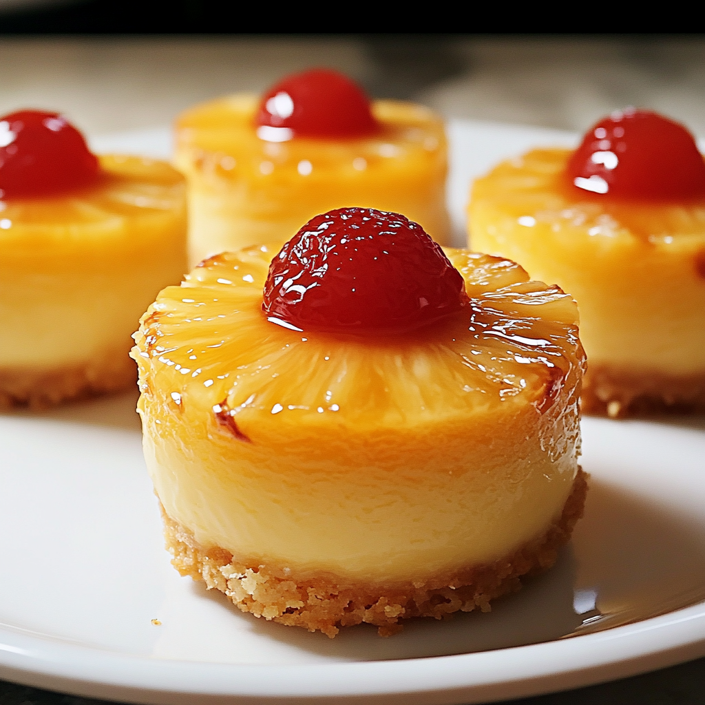 Mini pineapple upside-down cheesecakes topped with pineapple chunks and caramel sauce on a white plate.