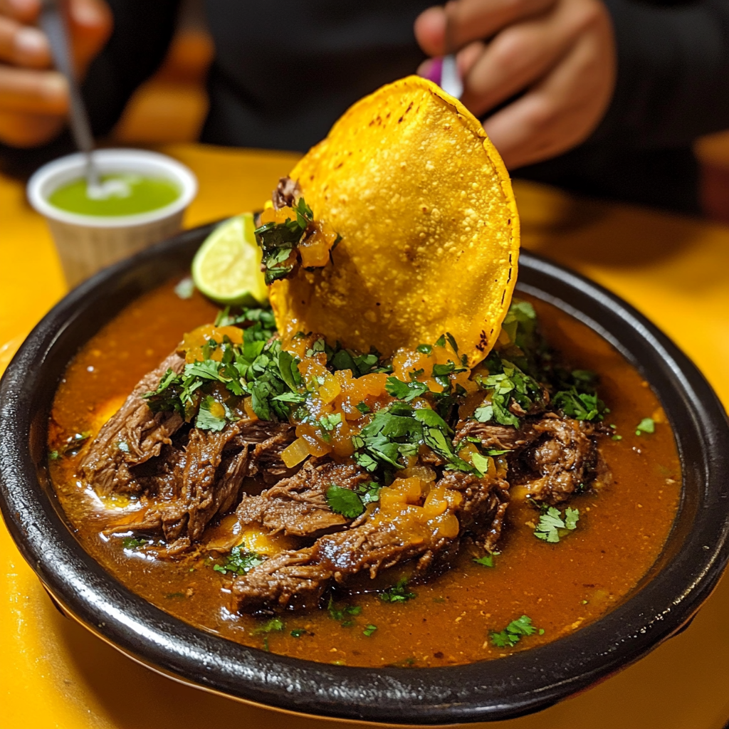 Plate of My Fave Birria Tacos with consomé and garnishes