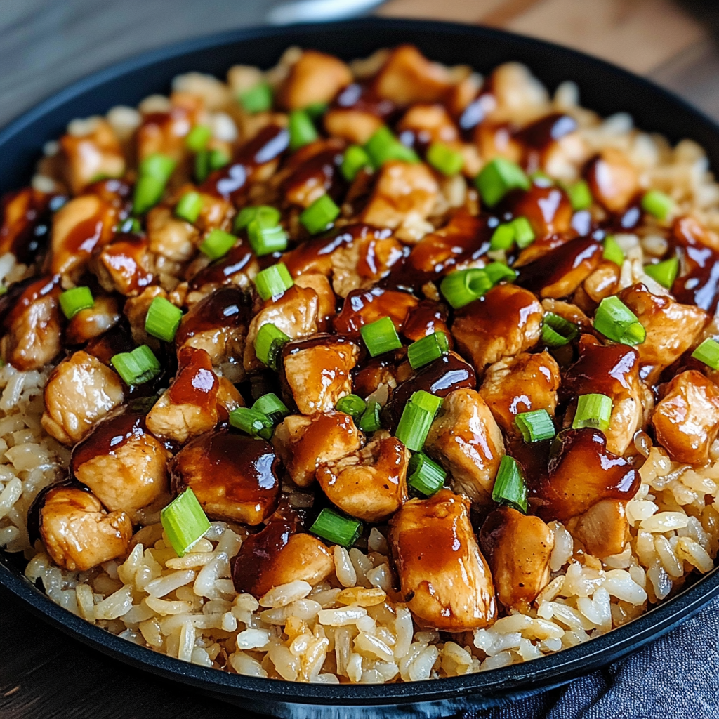 A skillet filled with honey BBQ chicken and rice, garnished with chopped green onions and served hot.