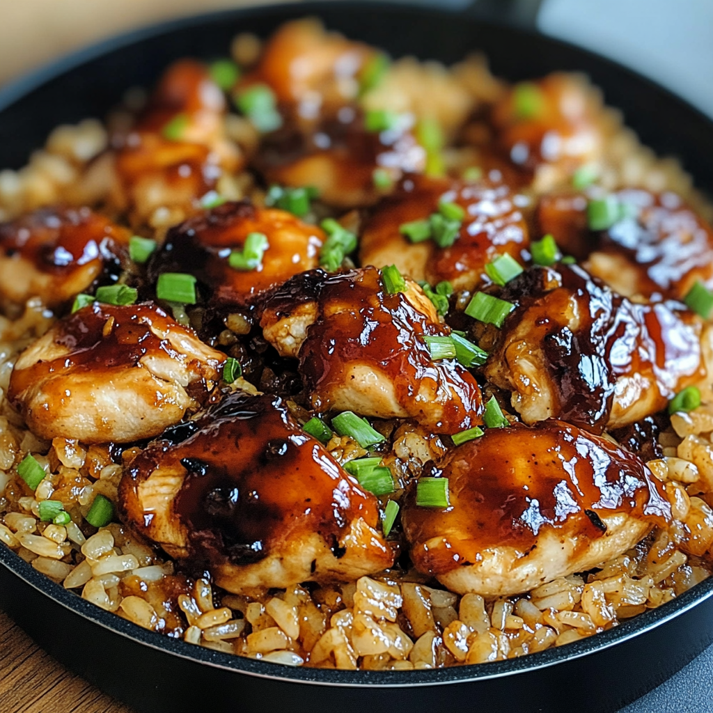Skillet filled with honey BBQ glazed chicken pieces and rice, garnished with chopped green onions.