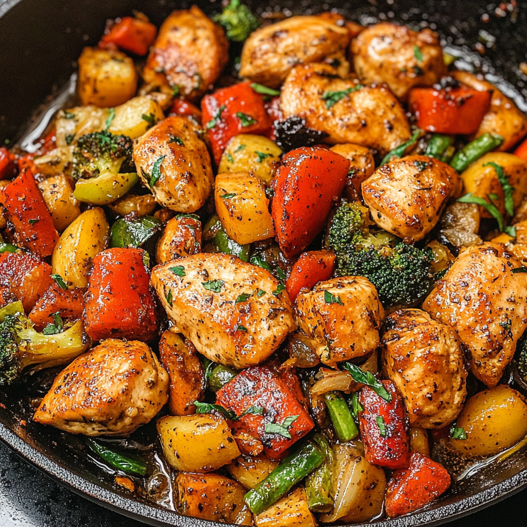 Skillet filled with seared chicken breast and colorful vegetables cooked in one pot