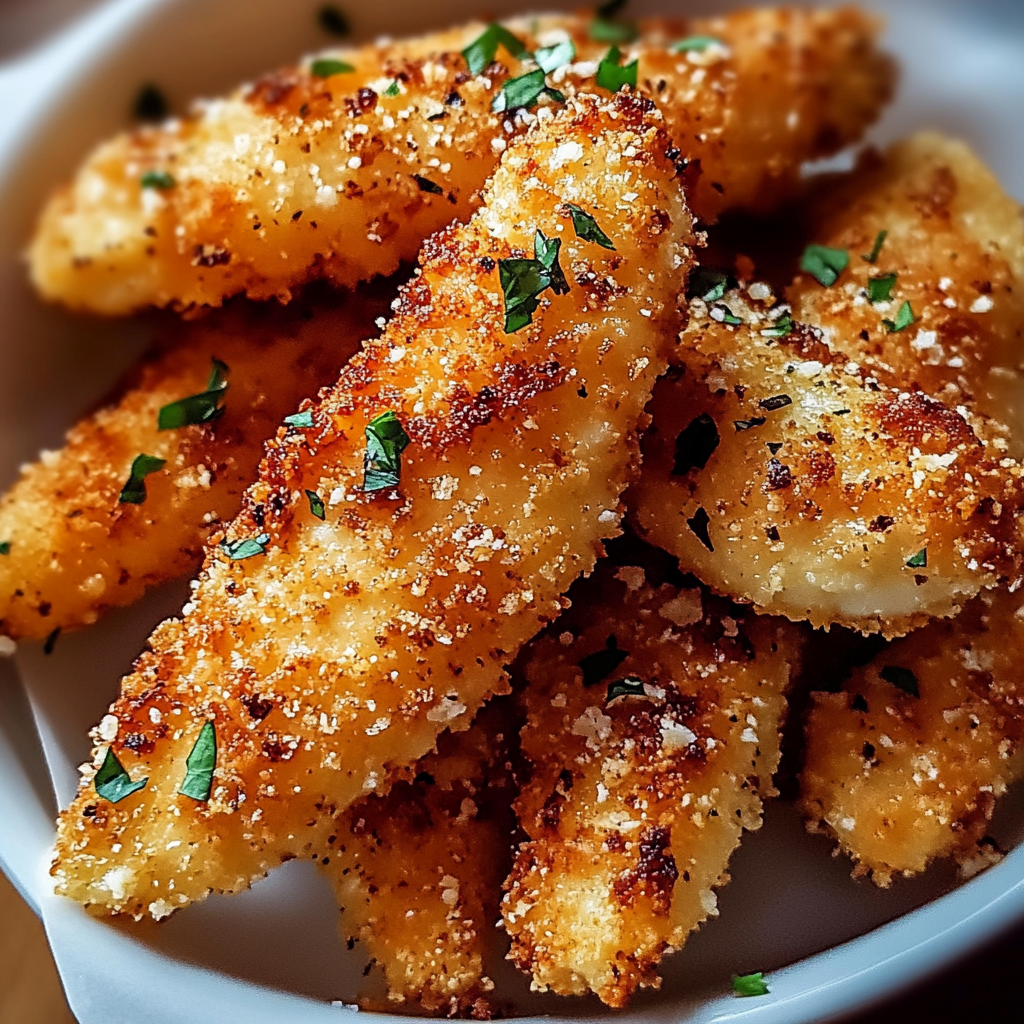 Golden-brown oven-baked Parmesan chicken tenders served with dipping sauce on a white plate.​