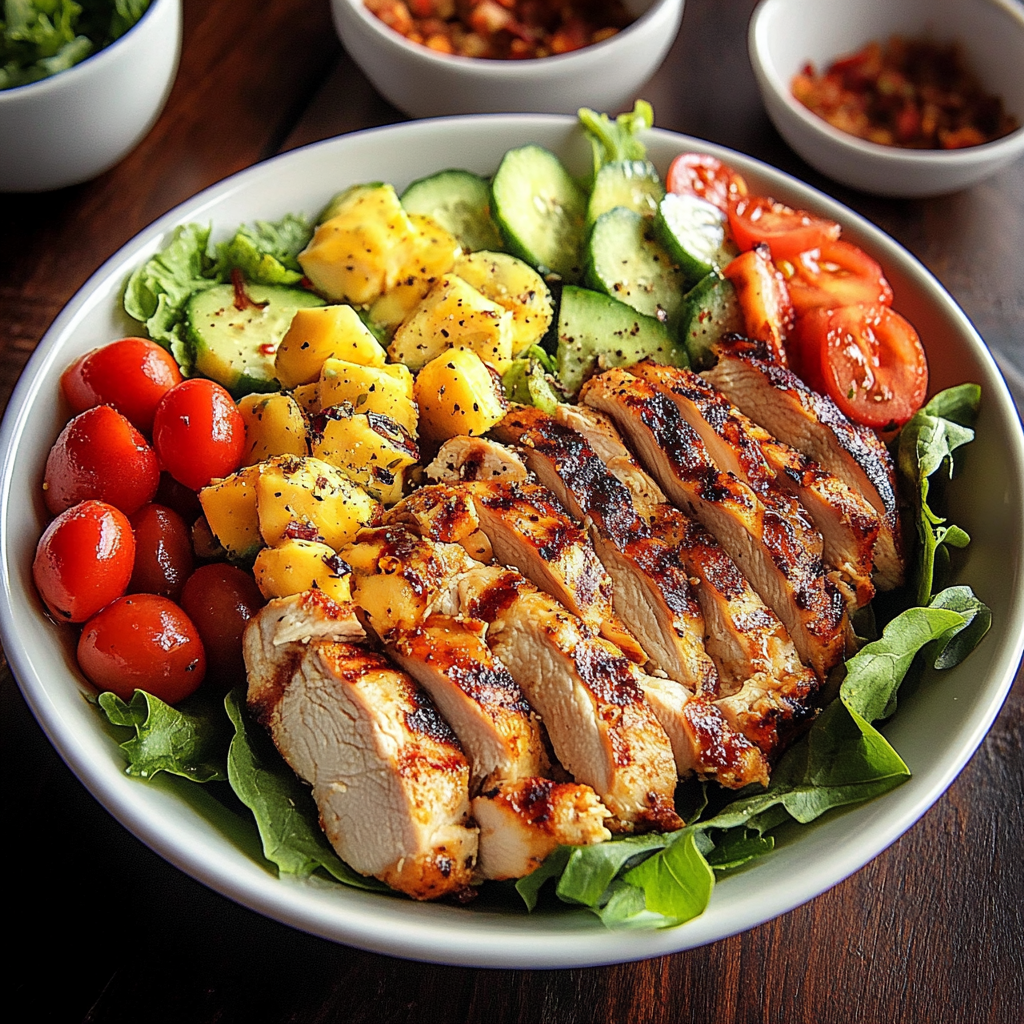 Overhead view of a bowl of Paleo Cobb salad with grilled chicken, avocado slices, hard-boiled eggs, bacon, cherry tomatoes and mixed greens.