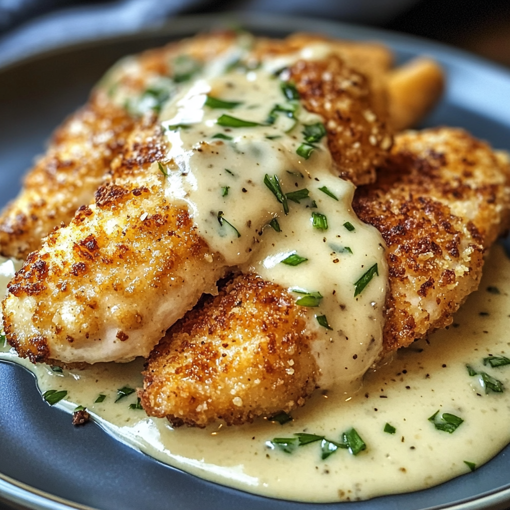Golden-brown parmesan crusted chicken breasts topped with a luscious creamy garlic sauce, garnished with fresh herbs.