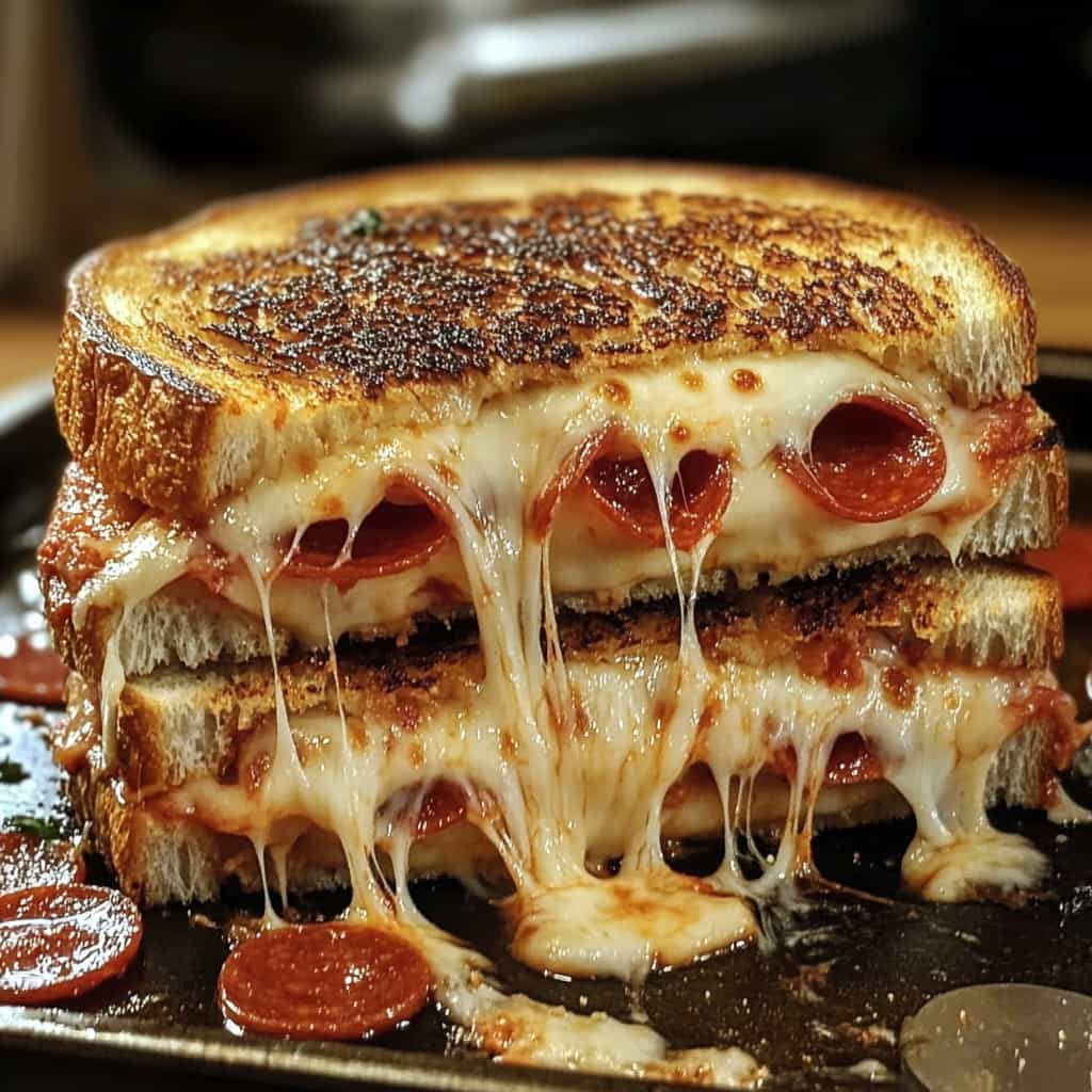 Close-up of a Pepperoni Pizza Grilled Cheese Sandwich with melted mozzarella and crispy pepperoni between golden-brown toasted bread slices.