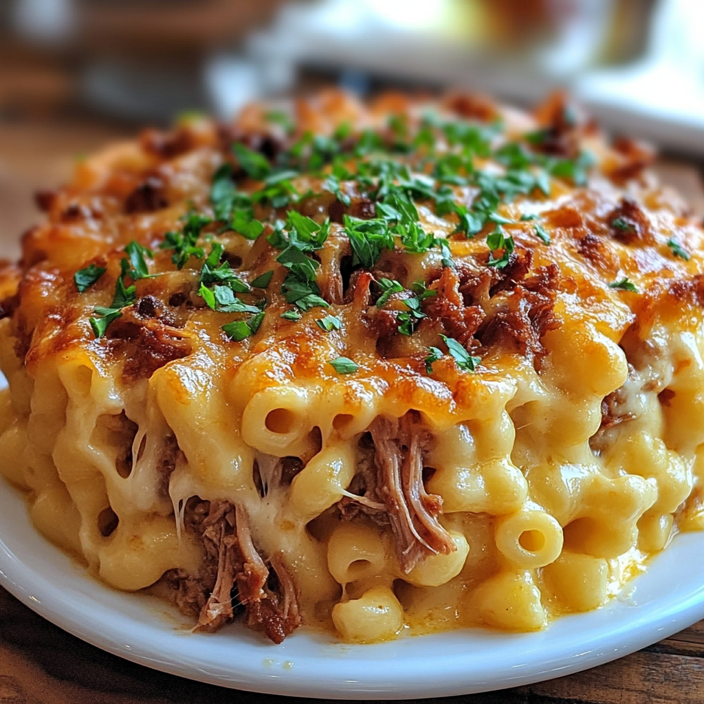 A serving of creamy mac and cheese topped with tender pulled pork and drizzled with barbecue sauce, garnished with fresh parsley.