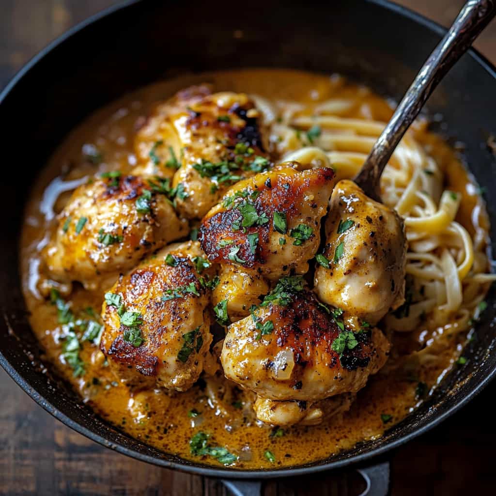 Skillet of Easy Cowboy Butter Chicken with golden-brown chicken pieces coated in a rich, zesty butter sauce, garnished with fresh herbs.