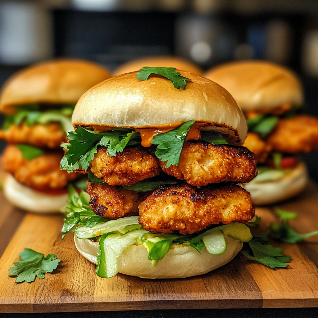 A plate featuring golden-brown crispy chicken burgers nestled in soft pan rolls, garnished with fresh lettuce and a side of dipping sauce.