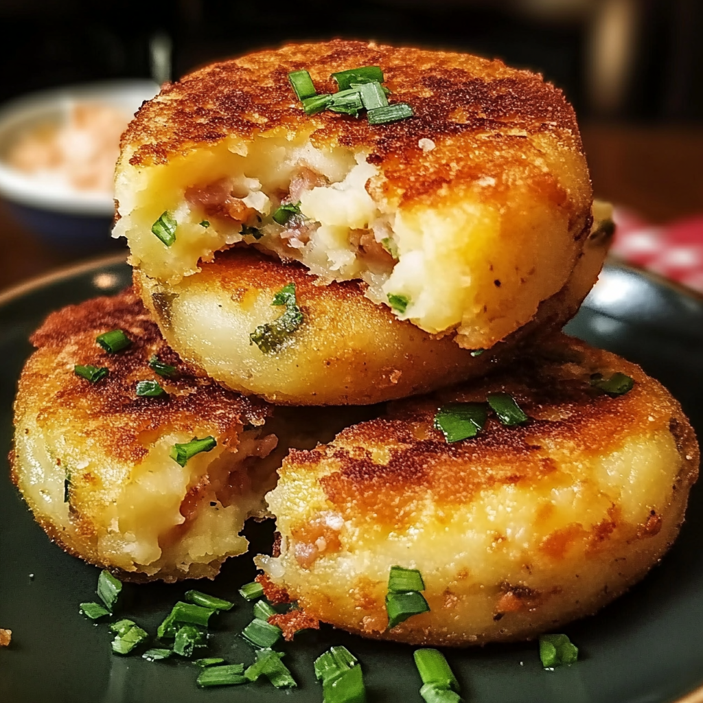 A plate of golden-brown stuffed potato cakes, crispy on the outside with a savory filling, garnished with fresh herbs.​
