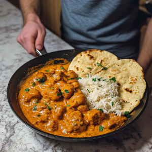 A bowl of creamy butter chicken garnished with fresh cilantro, served alongside basmati rice and naan bread