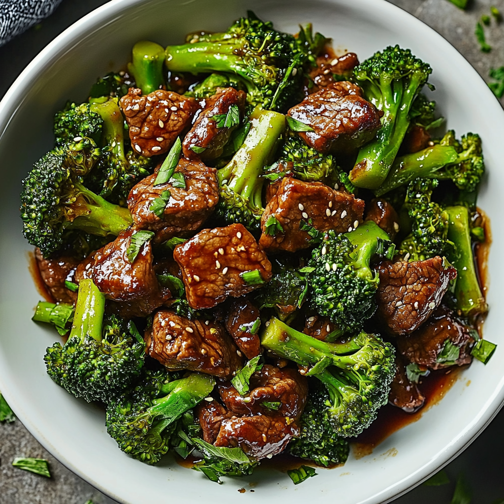 A plate of beef and broccoli stir-fry served over steamed rice, garnished with sesame seeds and green onions.