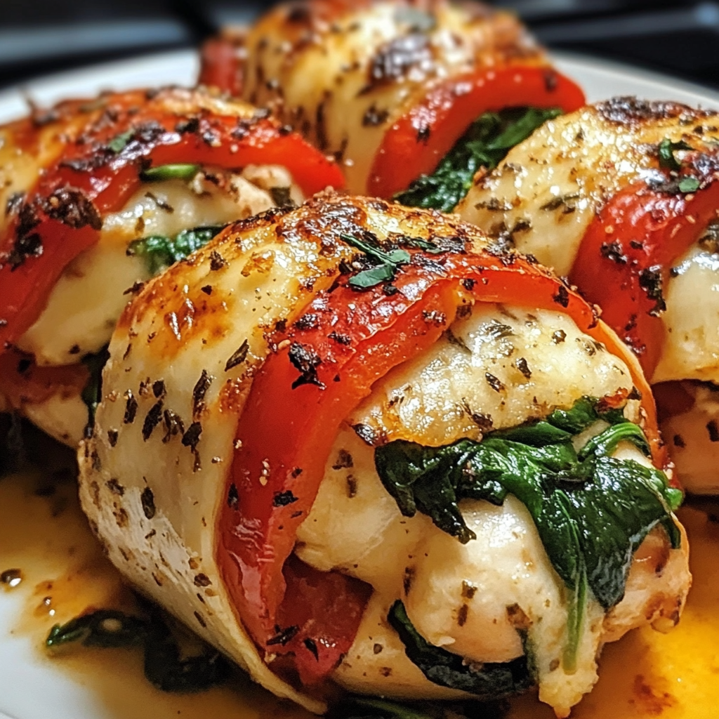 Baked chicken breast stuffed with roasted red peppers, spinach, and melted mozzarella cheese