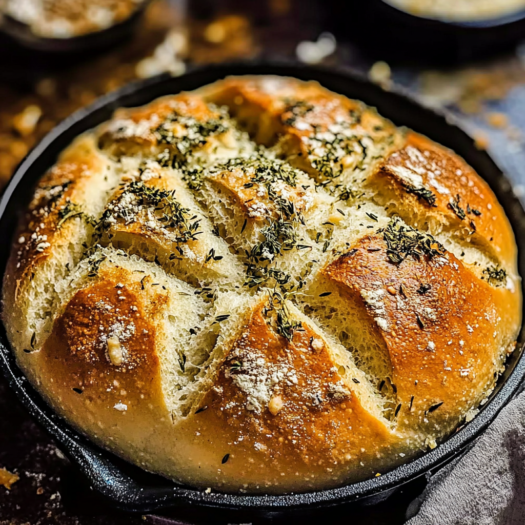 Sliced rustic garlic parmesan herb bread on a wooden board, showcasing golden crust and melted cheese.