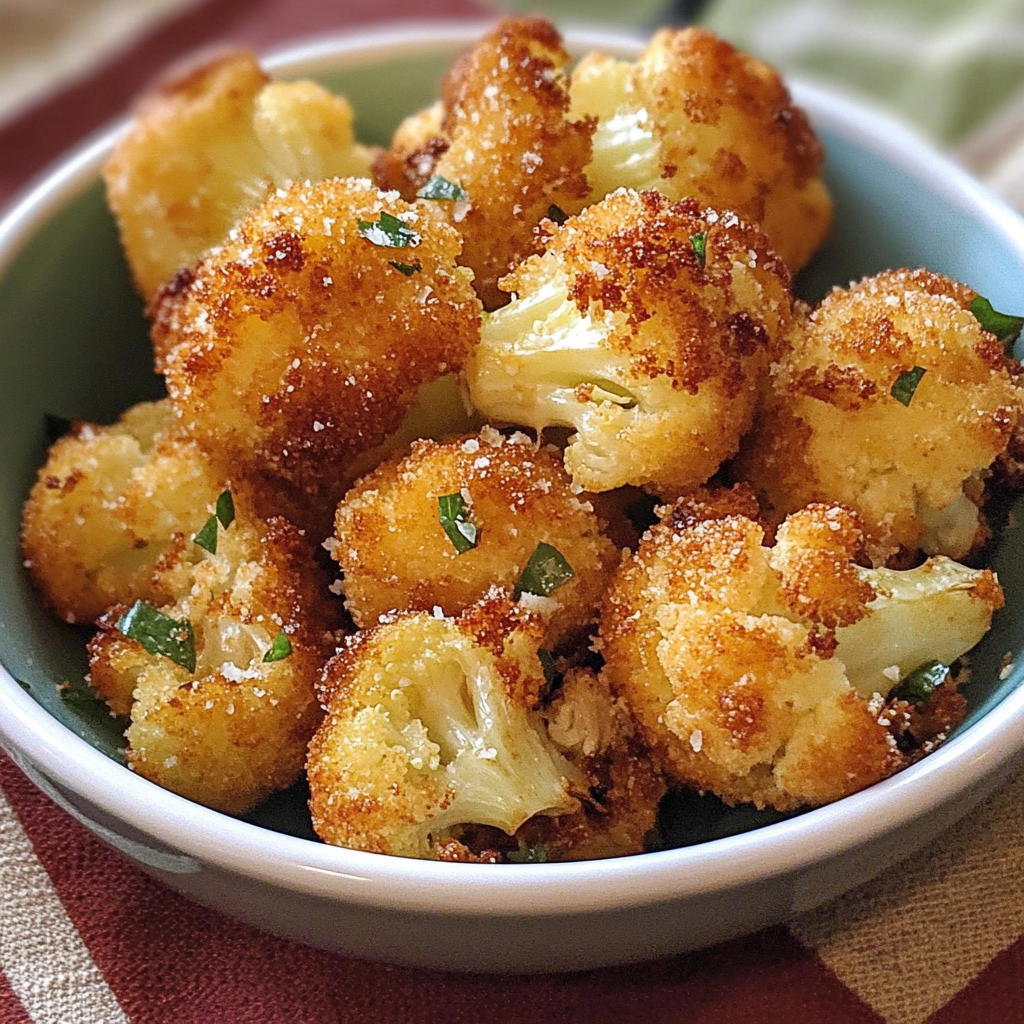 Golden, crispy Parmesan cauliflower bites arranged on a plate