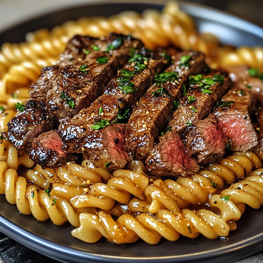 Bowl of rotini pasta topped with sticky honey garlic steak slices and garnished with green onions.