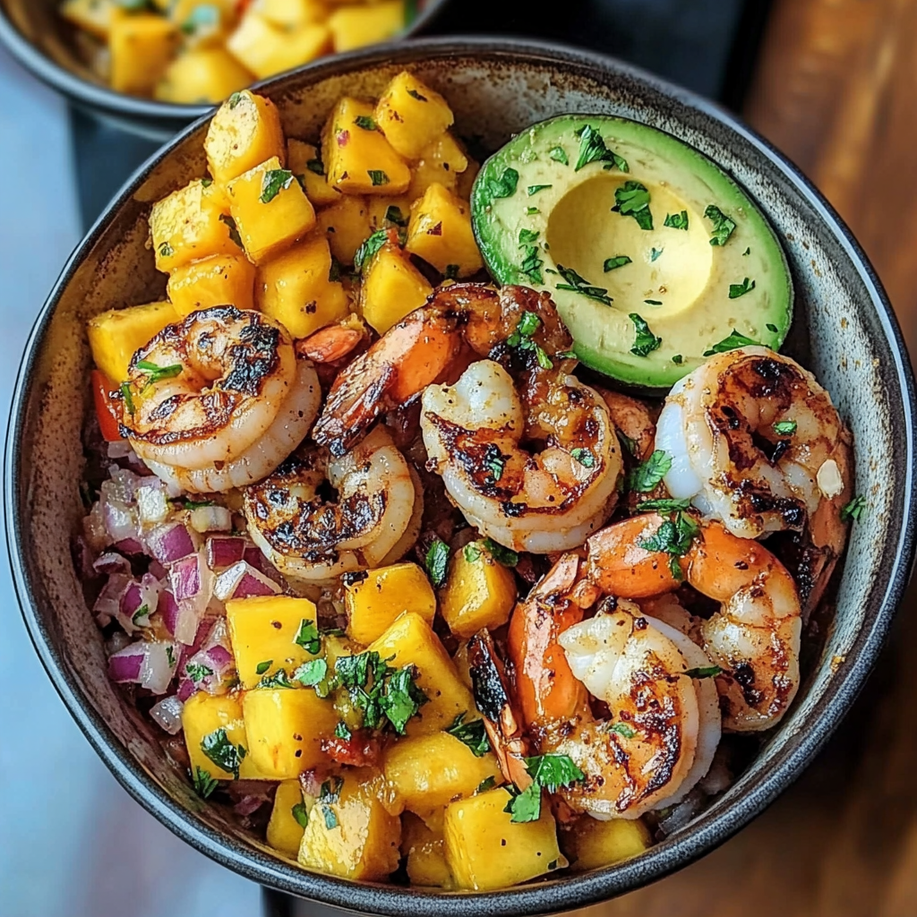 Colorful Tropical Shrimp Bowl with mango salsa, sliced avocado, and lime-chili sauce.
