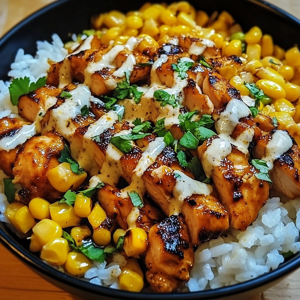 A bowl filled with grilled chicken slices, spicy street corn, and cilantro lime rice, garnished with fresh cilantro and lime wedges.​