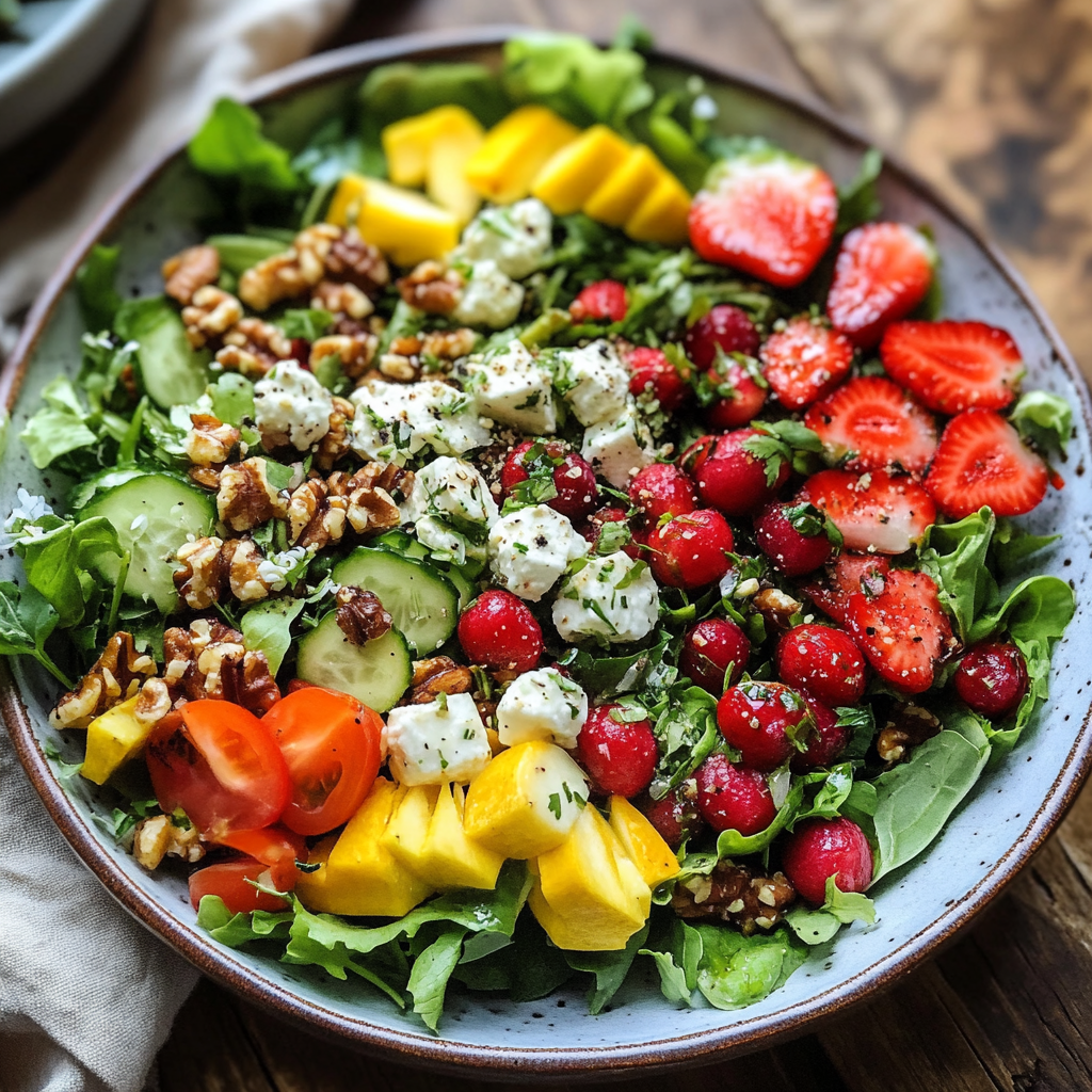 A colorful assortment of spring salads featuring fresh greens, fruits, and vegetables, arranged on a rustic wooden table